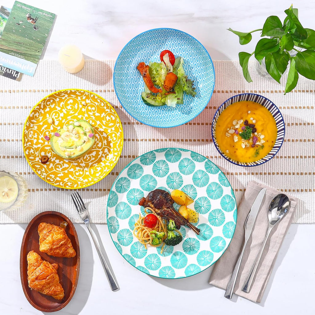 Selamica Ceramic Plates and Bowls Sets,24 Pieces Dinnerware Sets for 6,Scratch Resistant Dish Set for holiday gathering,Dishwasher & Microwave Safe, Assorted Colors