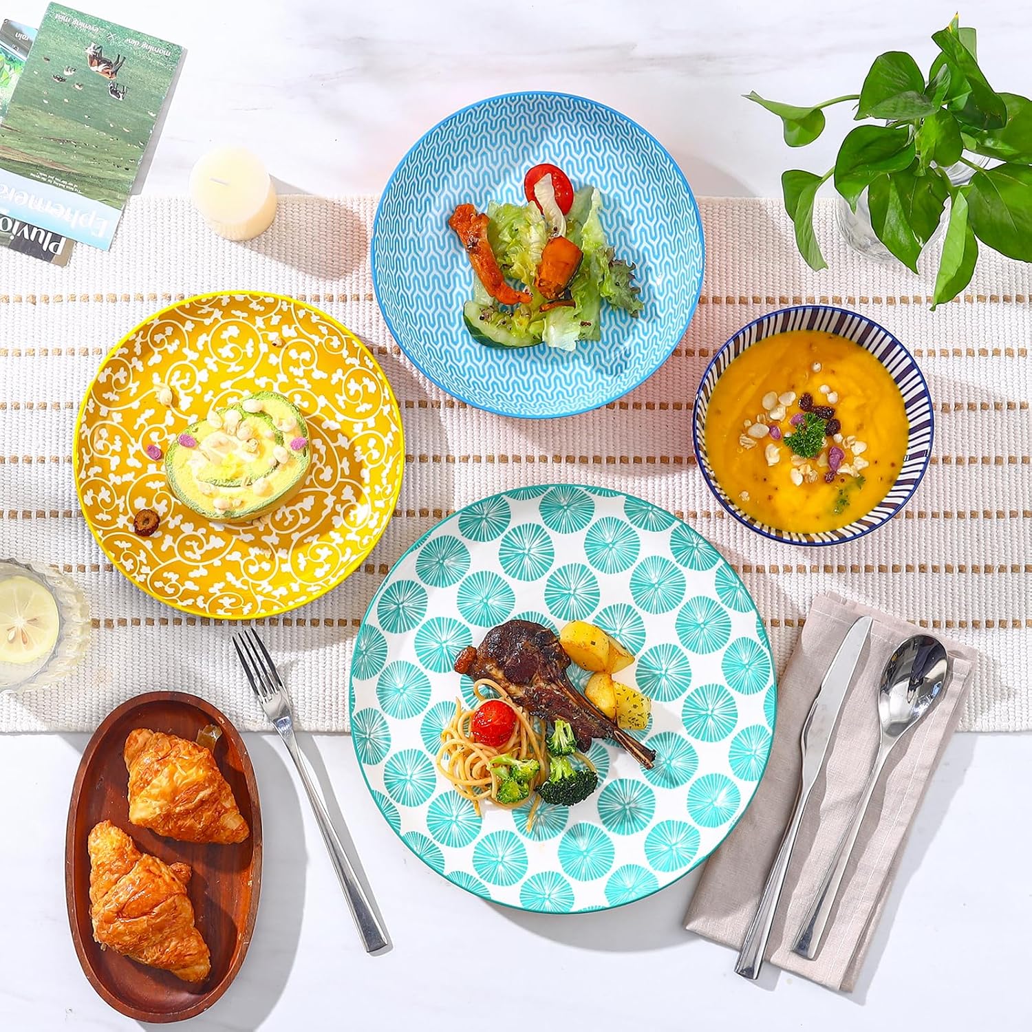 Selamica Ceramic Plates and Bowls Sets,24 Pieces Dinnerware Sets for 6,Scratch Resistant Dish Set for holiday gathering,Dishwasher & Microwave Safe, Assorted Colors