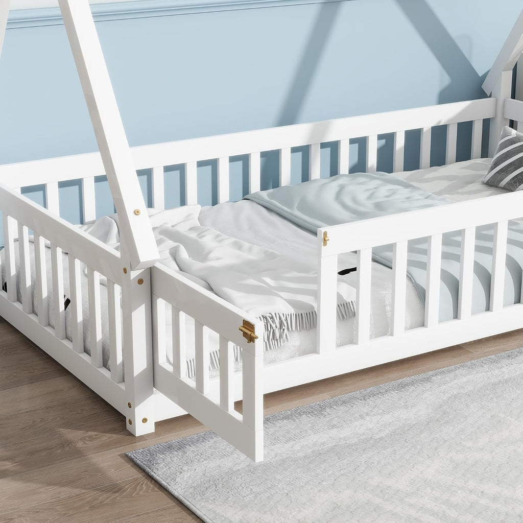 Bellemave Twin Size Tent Floor Bed for Kids,Solid Wood Teepee Montessori Floor Bed Frame with Door and Slats for Girls Boys(Twin,White)