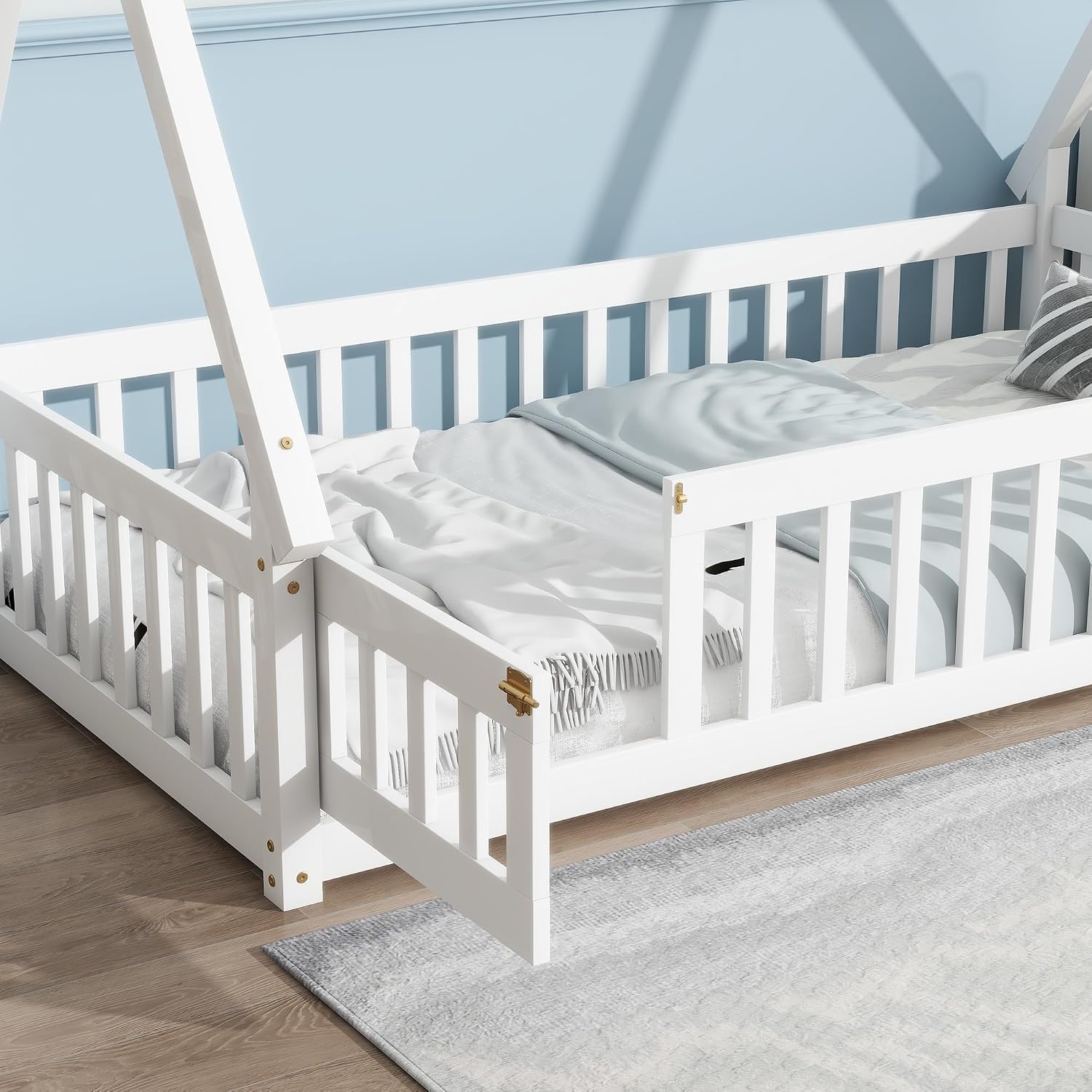 Bellemave Twin Size Tent Floor Bed for Kids,Solid Wood Teepee Montessori Floor Bed Frame with Door and Slats for Girls Boys(Twin,White)