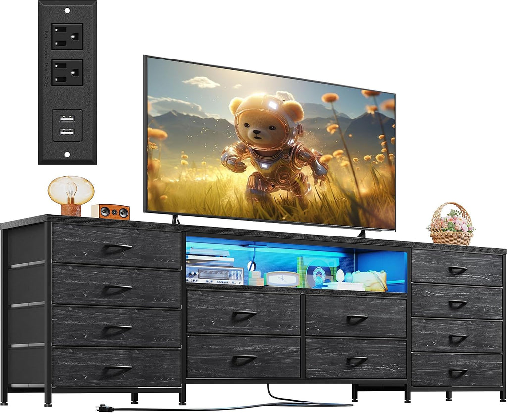EnHomee Fits 65,70 inch TV Stand, 63' W Dresser TV Stand with LED Lights & Power Outlets, Entertainment Center with 12 Fabric Drawers Long Dresser for Bedroom, Living Room, Hallway, Black