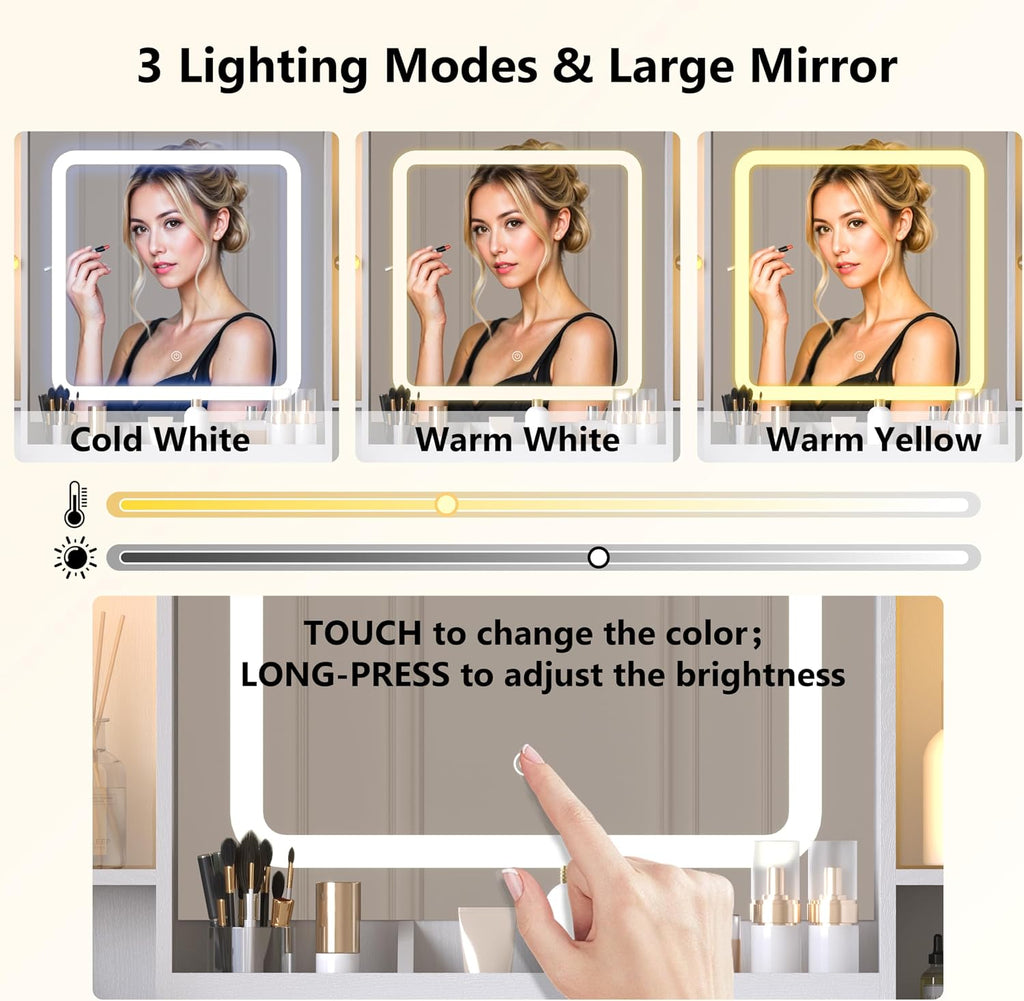 Wodeer White Makeup Vanity Desk with Mirror & Lights, Modern Vanity Table with Charging Station, 7 Drawers, Glass Cabinet, Adjustable Shelves, Bedroom Dressing Table Set for Women & Girls