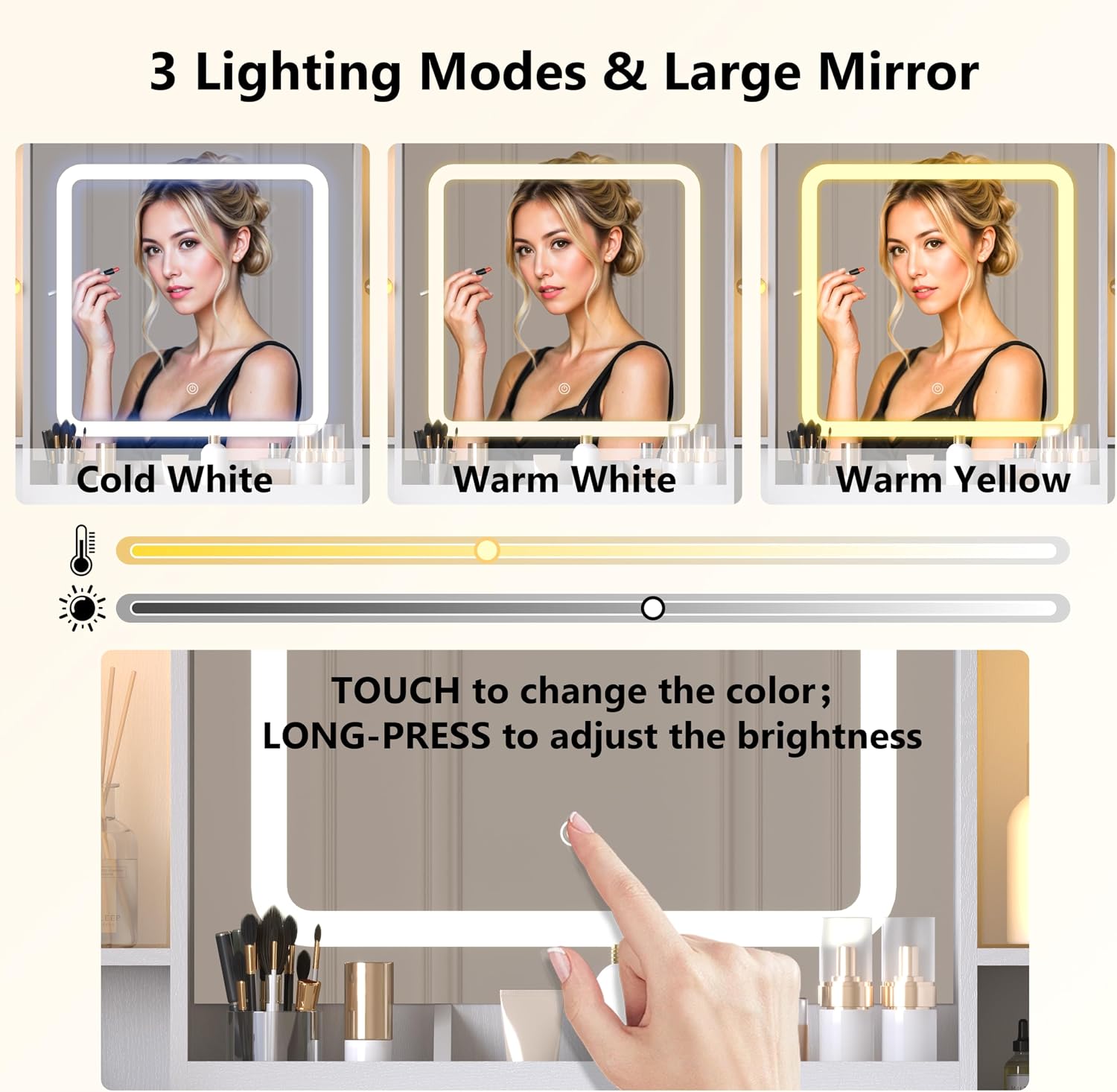 Wodeer White Makeup Vanity Desk with Mirror & Lights, Modern Vanity Table with Charging Station, 7 Drawers, Glass Cabinet, Adjustable Shelves, Bedroom Dressing Table Set for Women & Girls