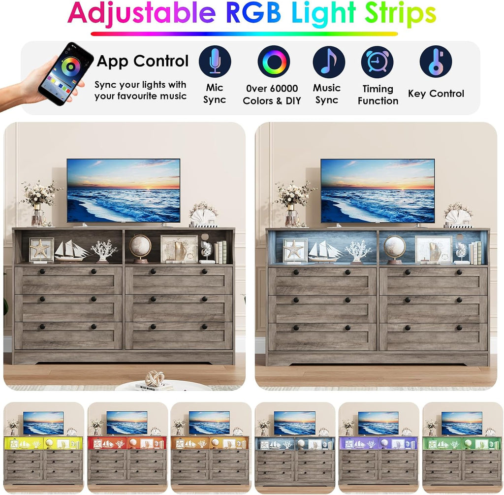 Garvee 6 Drawer Dresser for Bedroom, with RGB LED Lights & Power Outlet, 55' Wide Chests of Drawers Dresser TV Stand for 55 Inch TV, for Closet, Living Room, Entryway