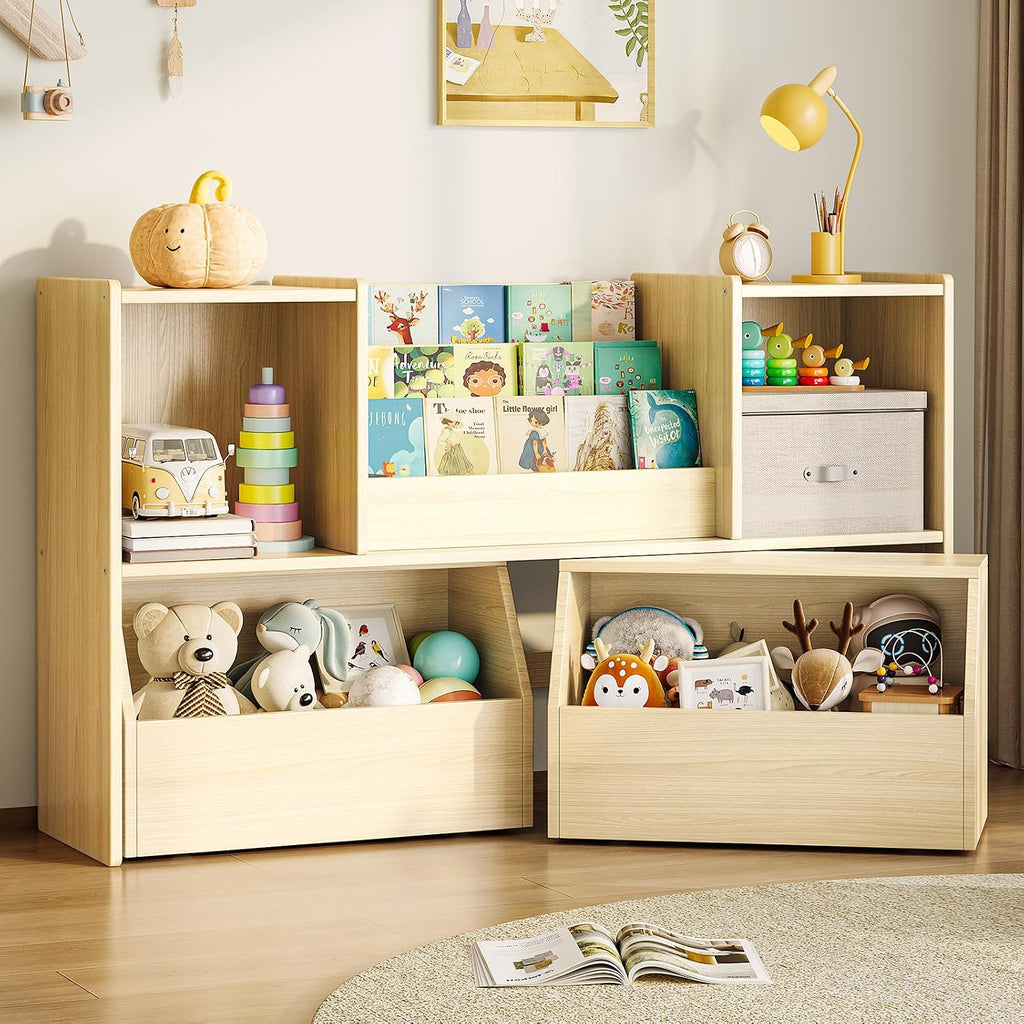 EXPERLAM Solid Wood Kids Bookshelf and Toy Storage Organizer, 3-in-1 Montessori Bookcase with Storage Cubbies and 2 Rolling Toy Bins, Toddler Bookshelf for Kids Room, Playroom, Nursery