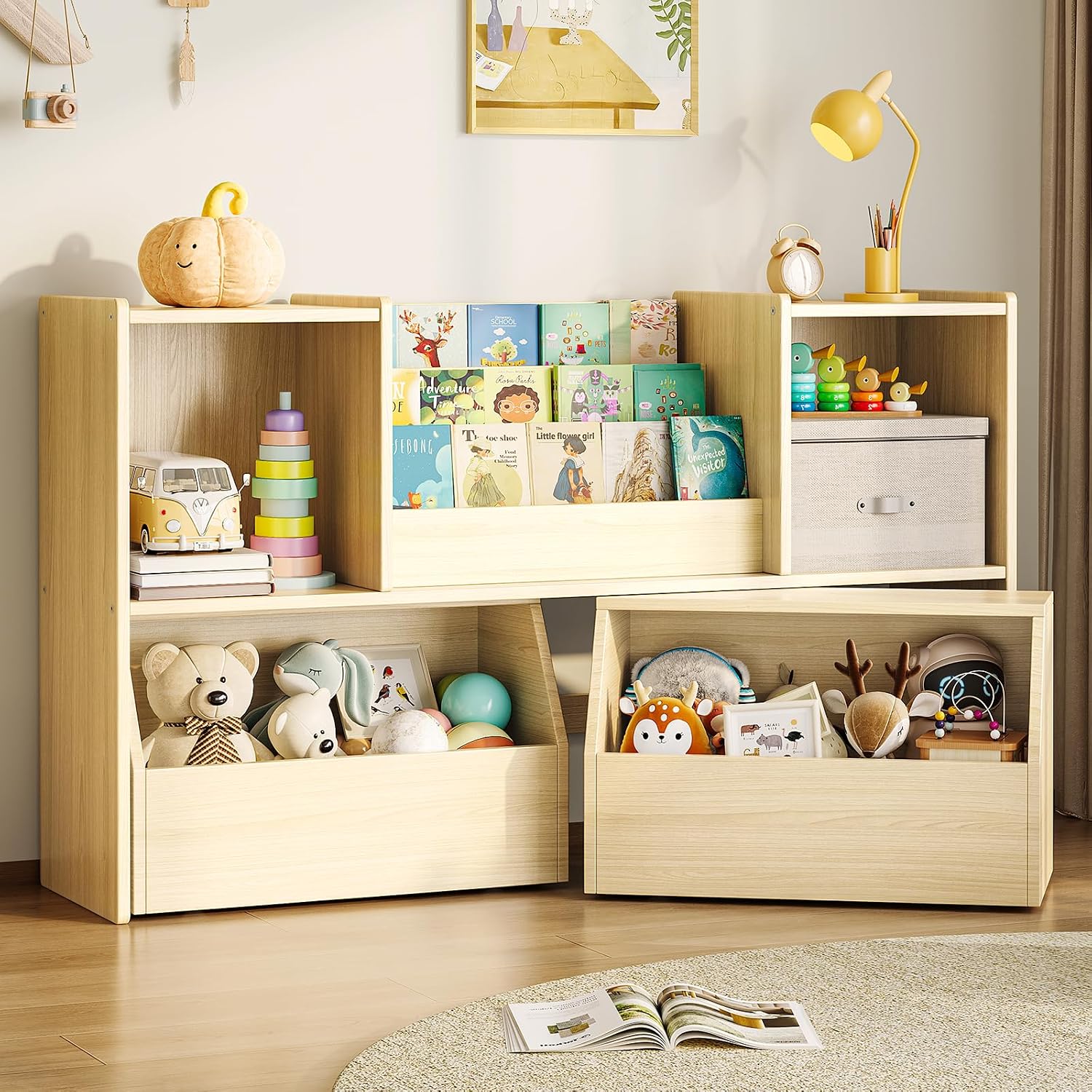 EXPERLAM Solid Wood Kids Bookshelf and Toy Storage Organizer, 3-in-1 Montessori Bookcase with Storage Cubbies and 2 Rolling Toy Bins, Toddler Bookshelf for Kids Room, Playroom, Nursery