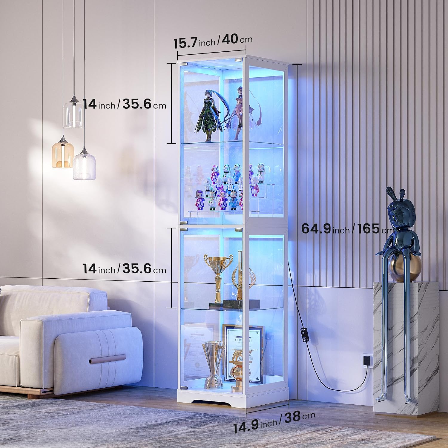 Glass Display Cabinet with Doors, 65' Tall 4-Tier Curio Display Case with 3 Color Lights and Human Body Sensor, Bookcase for Collectibles, White