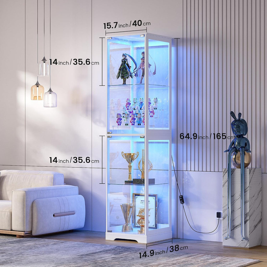 Glass Display Cabinet with Doors, 65' Tall 4-Tier Curio Display Case with 3 Color Lights and Human Body Sensor, Bookcase for Collectibles, White