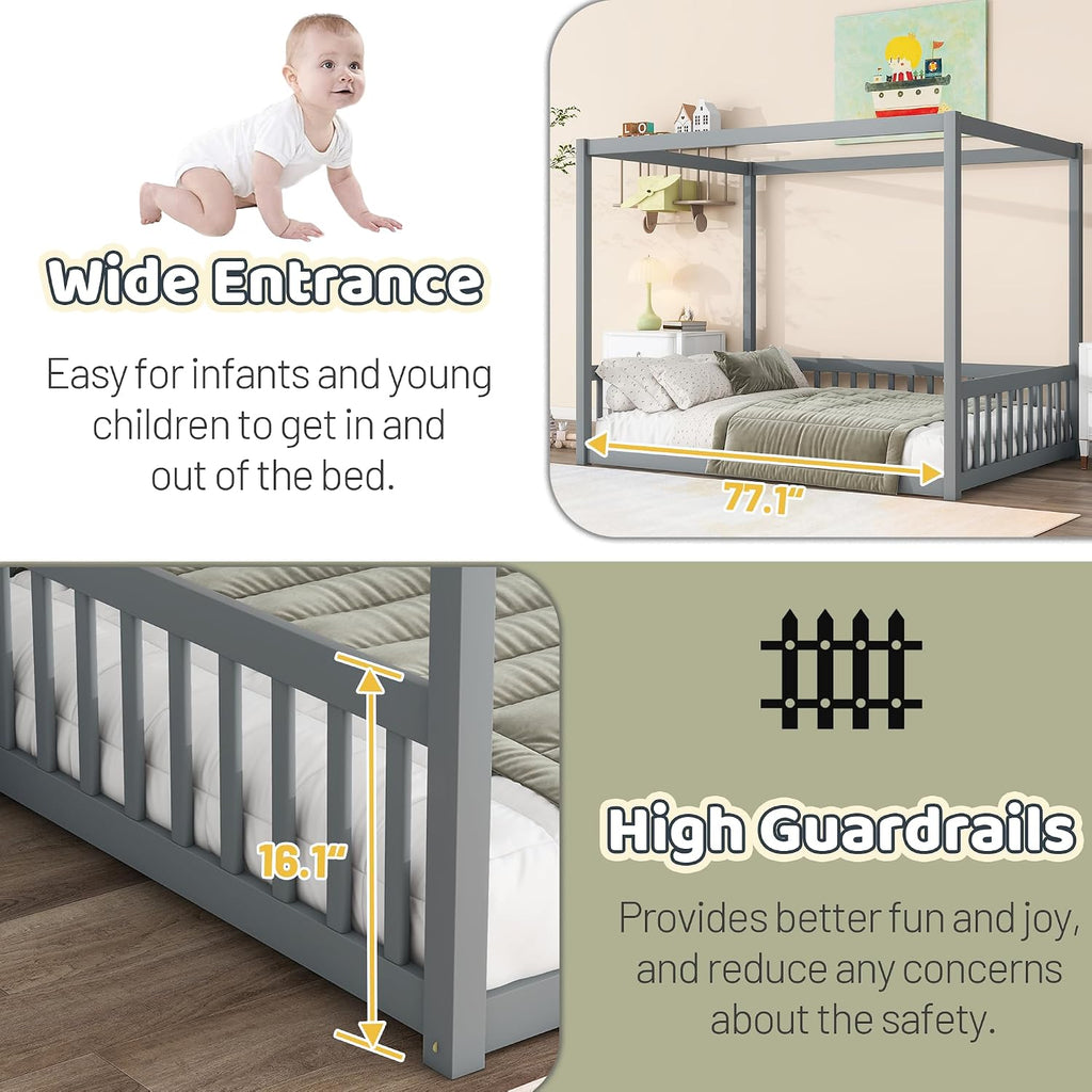 Canopy Bed Frame Full with 4 Posters and Guardrails, Rubber Wood Full Size Montessori Floor Bed with Canopy Frame, Safe and Stylish Canopy Bed Full for Kids Girls Boys,Gery