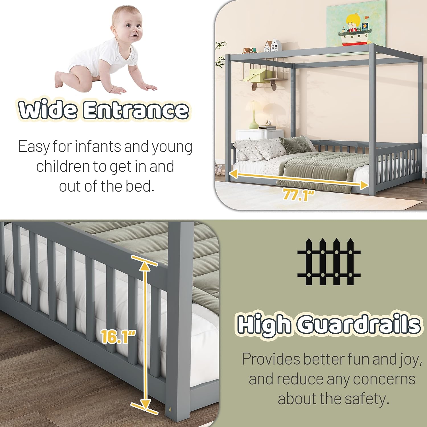 Canopy Bed Frame Full with 4 Posters and Guardrails, Rubber Wood Full Size Montessori Floor Bed with Canopy Frame, Safe and Stylish Canopy Bed Full for Kids Girls Boys,Gery