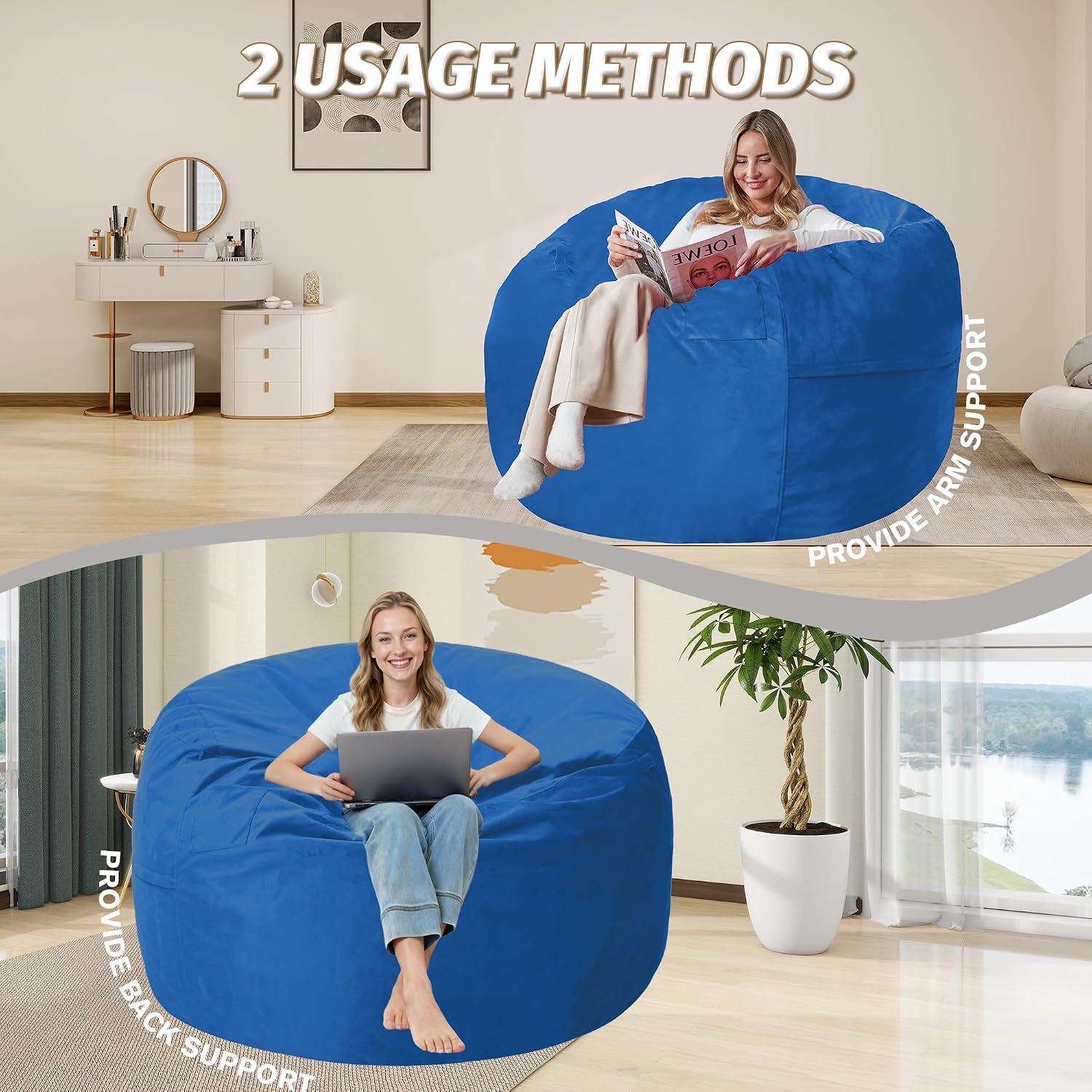 5FT Bean Bag Chair with Ultra Soft Velvet Cover Bean Bag Sofa with Memory Foam Bean Bag Chairs with Large Size Lazy Sofa for Dorm Office Living Room Bedroom Blue 5'