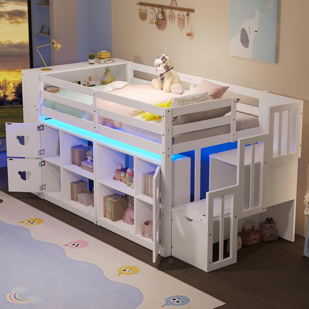 JIVOIT Twin Size Low Loft Bed with Open Shelves, Storage Cabinets, Storage Headboard and Stair, Full-Length Guardrails, No Box Spring Needed (White, 50)