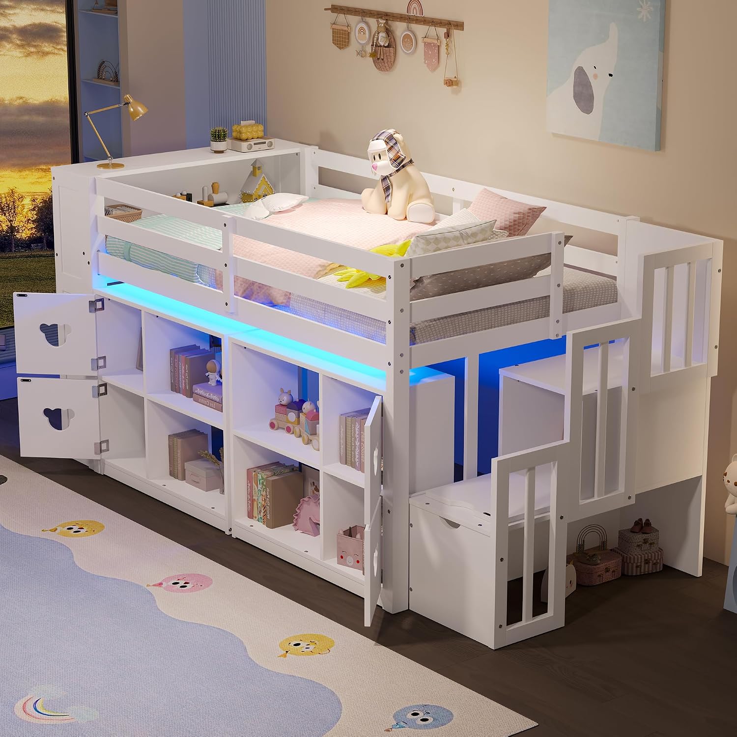 JIVOIT Twin Size Low Loft Bed with Open Shelves, Storage Cabinets, Storage Headboard and Stair, Full-Length Guardrails, No Box Spring Needed (White, 50)