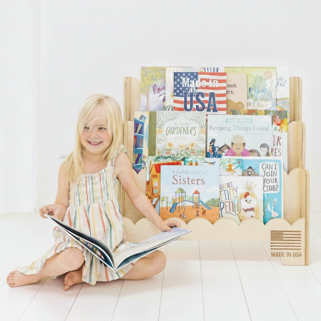 Wooden Kids Bookshelf w/Scalloped Edges- Made in USA- Perfect Height 3-Tier Montessori Shelf- Durable Childrens Bookcase for Kids Room or Playroom- Baby Book Shelf Nursery