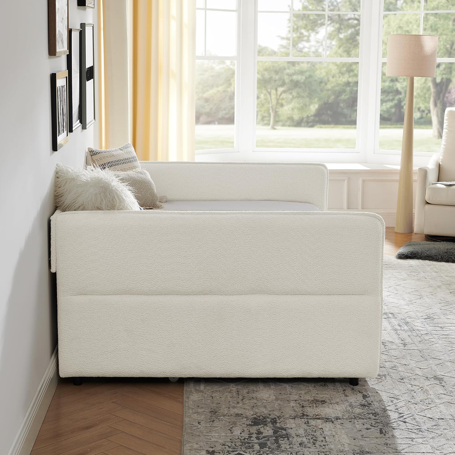 Ball & Cast Full Size Daybed with Pop up Trundle,Boucle Fabric Upholstered Day Bed Frame with Wood Slats Support,Extendable Trundle Bed,Full to King Daybed,Easy Assembly,Beige