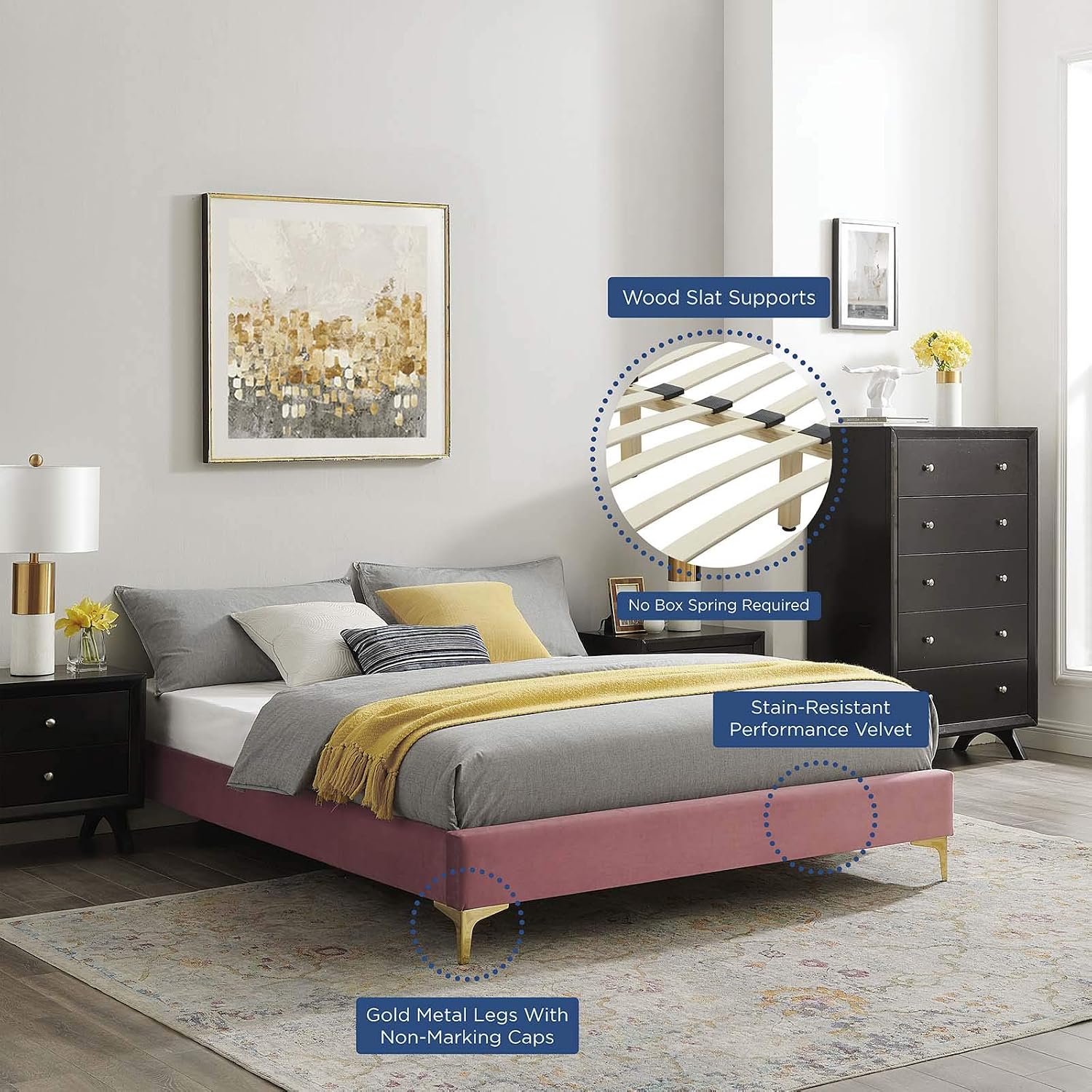 Modway MOD-6305-DUS Sutton Twin Performance Velvet Bed Frame, Dusty Rose