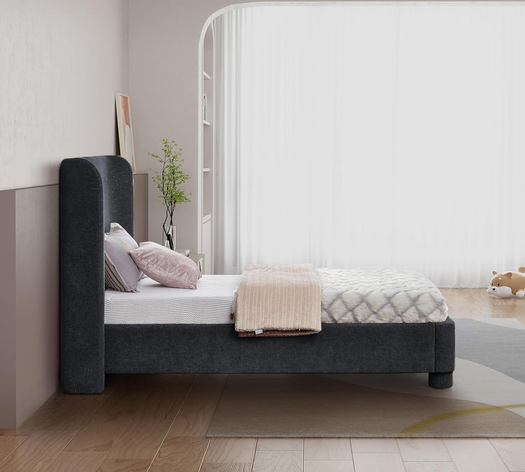 Meridian Furniture B1207Black-T Penny Collection Modern | Contemporary Twin Bed with Rich Black Chenille Fabric, Curved Headboard, 52' W x 82.5' D x 52' H, Black, Twin