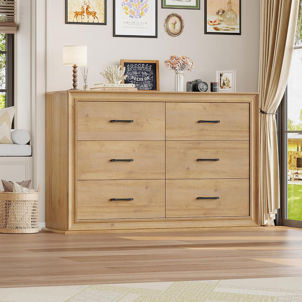 HIFIT Farmhouse 6 Drawer Dressers, 47.2' Wide Chest of 6 Drawers, Oak Double Dressers, Storage Organizer Cabinet for Living Room