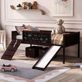 JIVOIT Twin Size Low Loft Bed with Climbing Frame & Rope, Wood Loft Bed Frame with Two Storage Boxes, Slide and Double-Sided Chalkboard, Pine Wood Bed Frame for Kids Teens (Espresso+Rope)