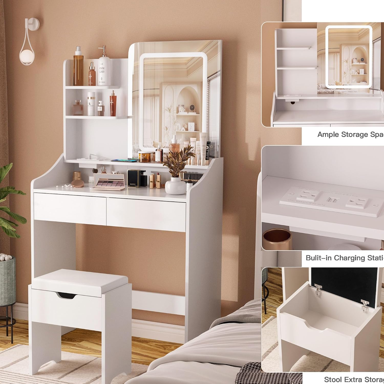 Vabches Vanity Desk with LED Light Mirror and Charging Station 30.3in, Small Vanity Set with 4 Storage Shelves 2 Drawers, Vanity for Girls Women with Storage Stool, Vanity Table for Bedroom (White)