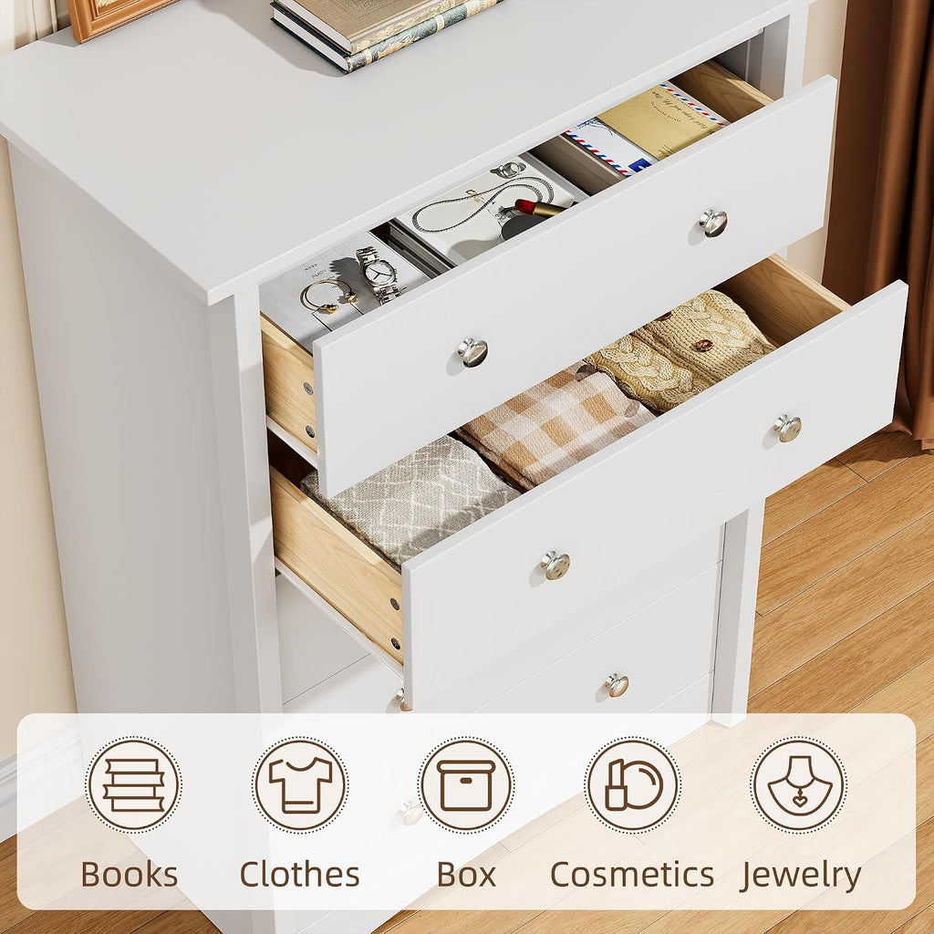 YESHOMY Tall Dresser for Bedroom with 5 Drawers, Modern Chest of Drawers, Wooden Dressers, TV Stand for Living Room,Closet, Hallway (White)