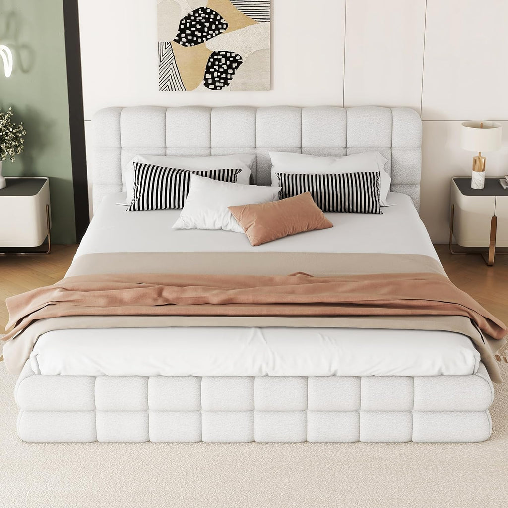 Queen Size Upholstered Platform Bed, Velvet headboard,Wood Slat Support, No Box Spring Needed,Easy Assembly,Bedroom Set (A+White)