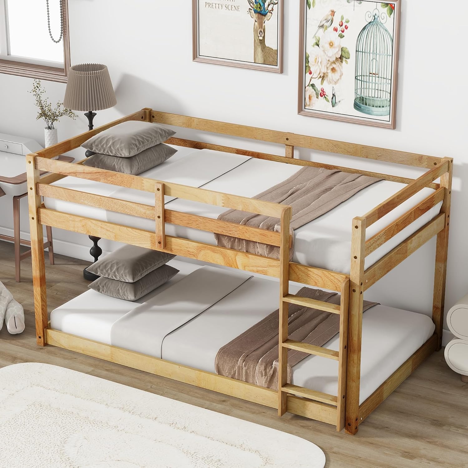 Ball & Cast Twin Over Twin Bunk Bed,Solid Rubber Wooden Low Floor Platform Bed with Ladder and Full Length Guardrail,Slat Support,Bedroom Furniture for Girls Boys,Natural