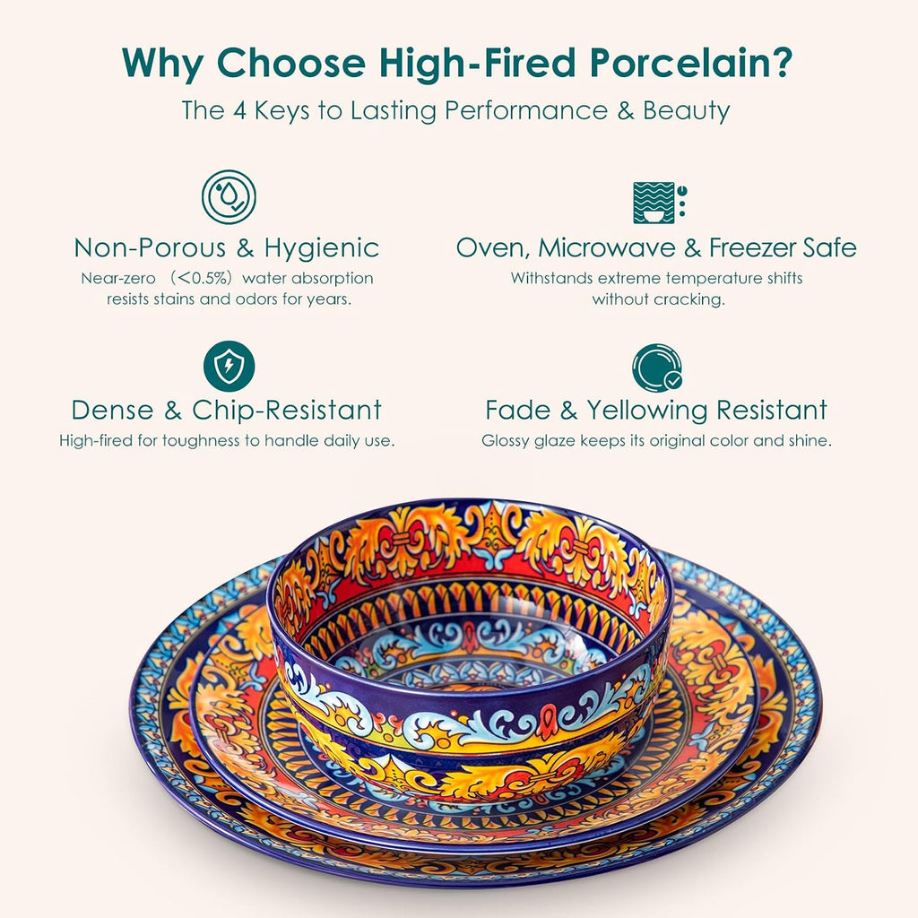 vancasso 18-Piece Dinnerware Sets,Ceramic Plates and Bowls Sets Service for 6, Bohemian Style Porcelain Dishes Set for 6, Microwave and Dishwasher Safe, Scratch Resistant,Non Toxic, Series KRVI