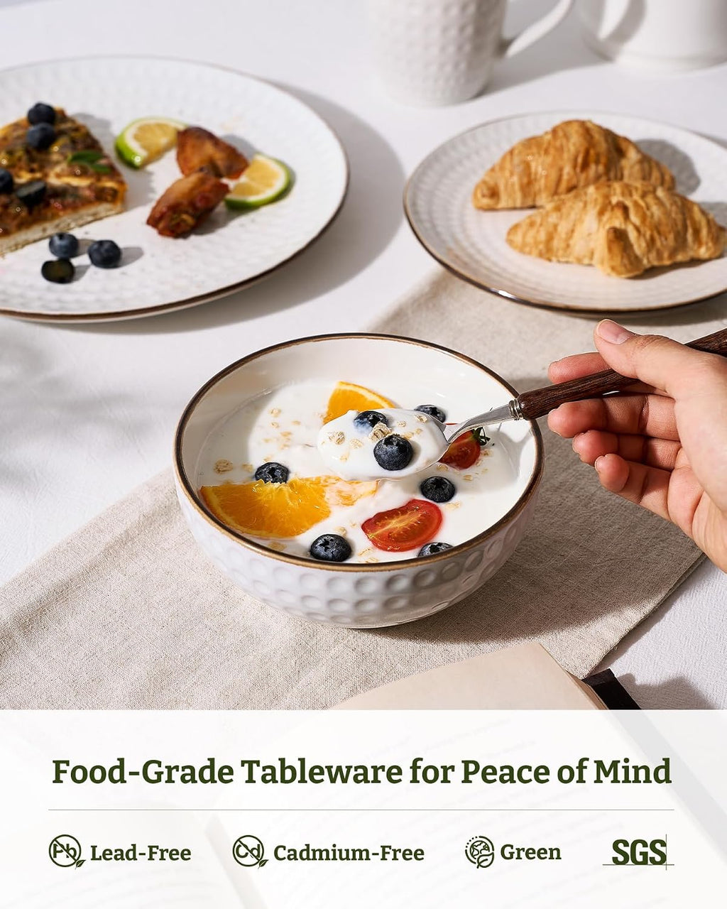 Famiware Eden Embossed Plates and Bowls Sets, Stoneware Dinnerware with Gold Trim, 24-Piece Luxury Dishes for 8, Everyday & Formal Use, Chip/Scratch Resistant, Microwave/Dishwasher Safe, White Circle