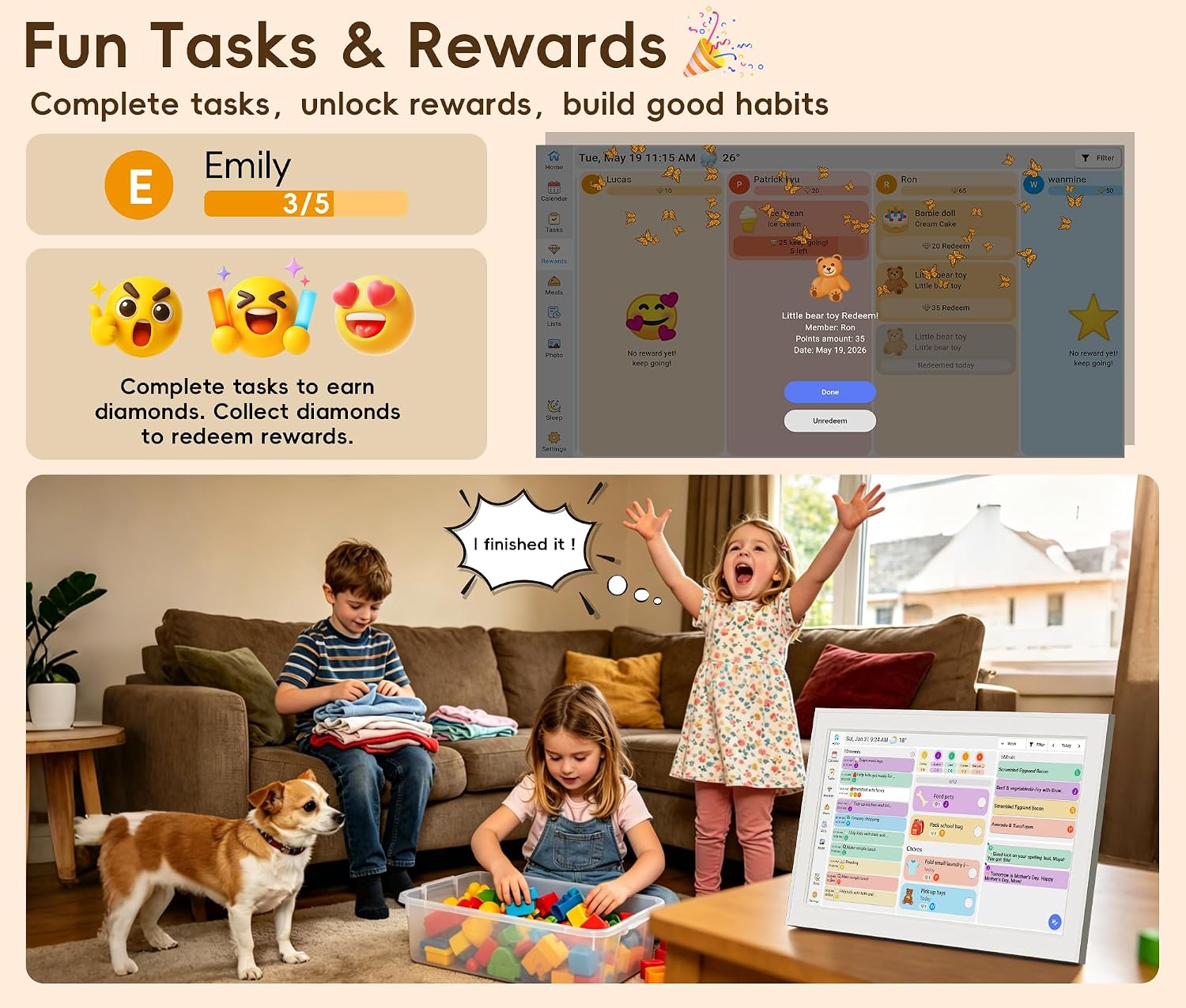 Digital Calendar, 15.6-inch Smart Family Calendar with Touch Screen, No Subscription, Family Wall Planner & Chore Chart, Interactive HD Display for Family Schedules, Meal Planning, Photo Display, Desktop & Wall Mount