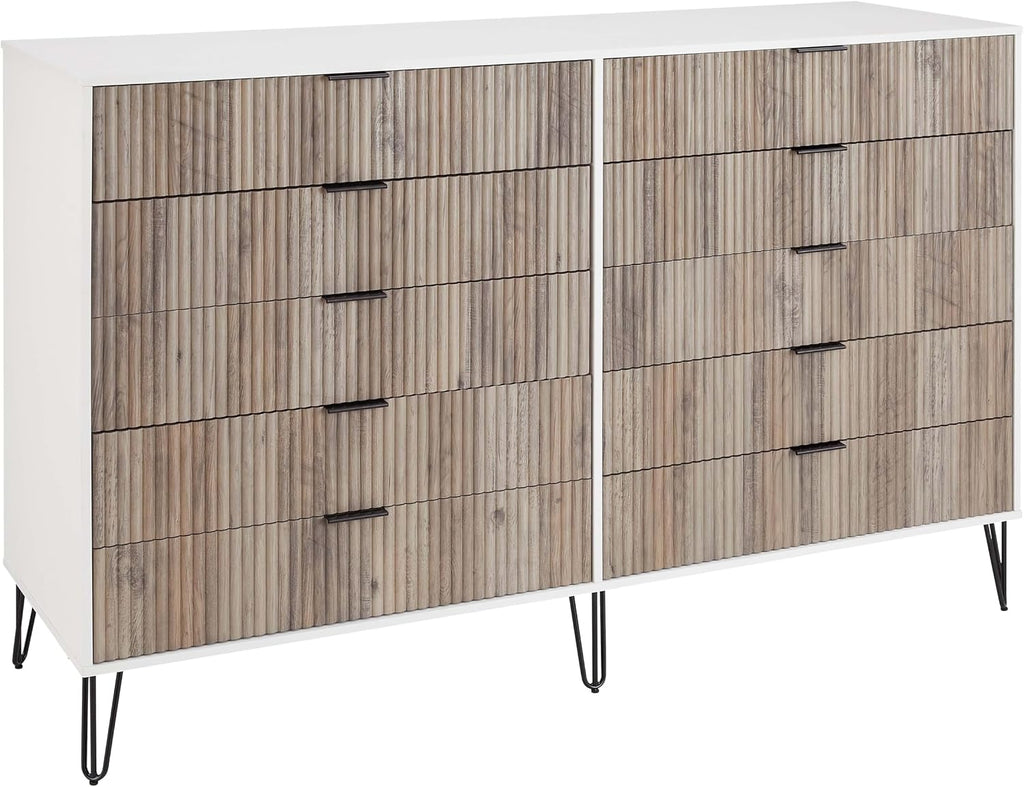Manhattan Comfort Dumbo 3-Piece Modern Dresser Drawer and Nightstand Set, Tall and Double - Vertical Ribbed Design - No Tool Assembly Storage for Bedroom & Living Room, White/Grey