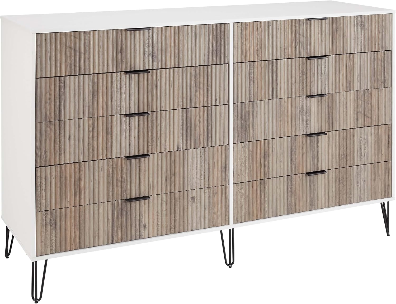 Manhattan Comfort Dumbo 3-Piece Modern Dresser Drawer and Nightstand Set, Tall and Double - Vertical Ribbed Design - No Tool Assembly Storage for Bedroom & Living Room, White/Grey