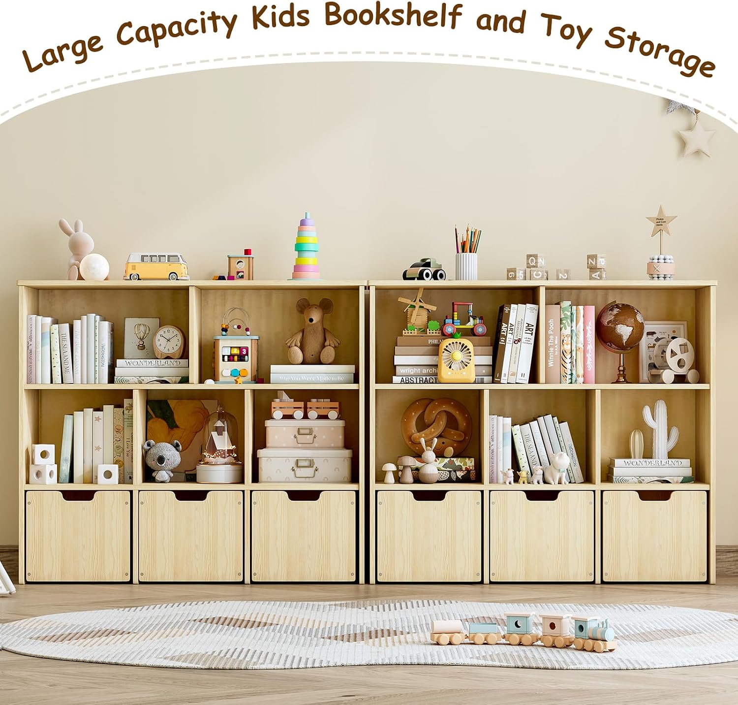 EXPERLAM Solid Pine Wood Toy Storage Organizer, Kids Bookshelf and Toy Organizer with 3 Rolling Drawers, 5 Storage Cubes, Montessori Playroom Storage Cabinet, Burlywood