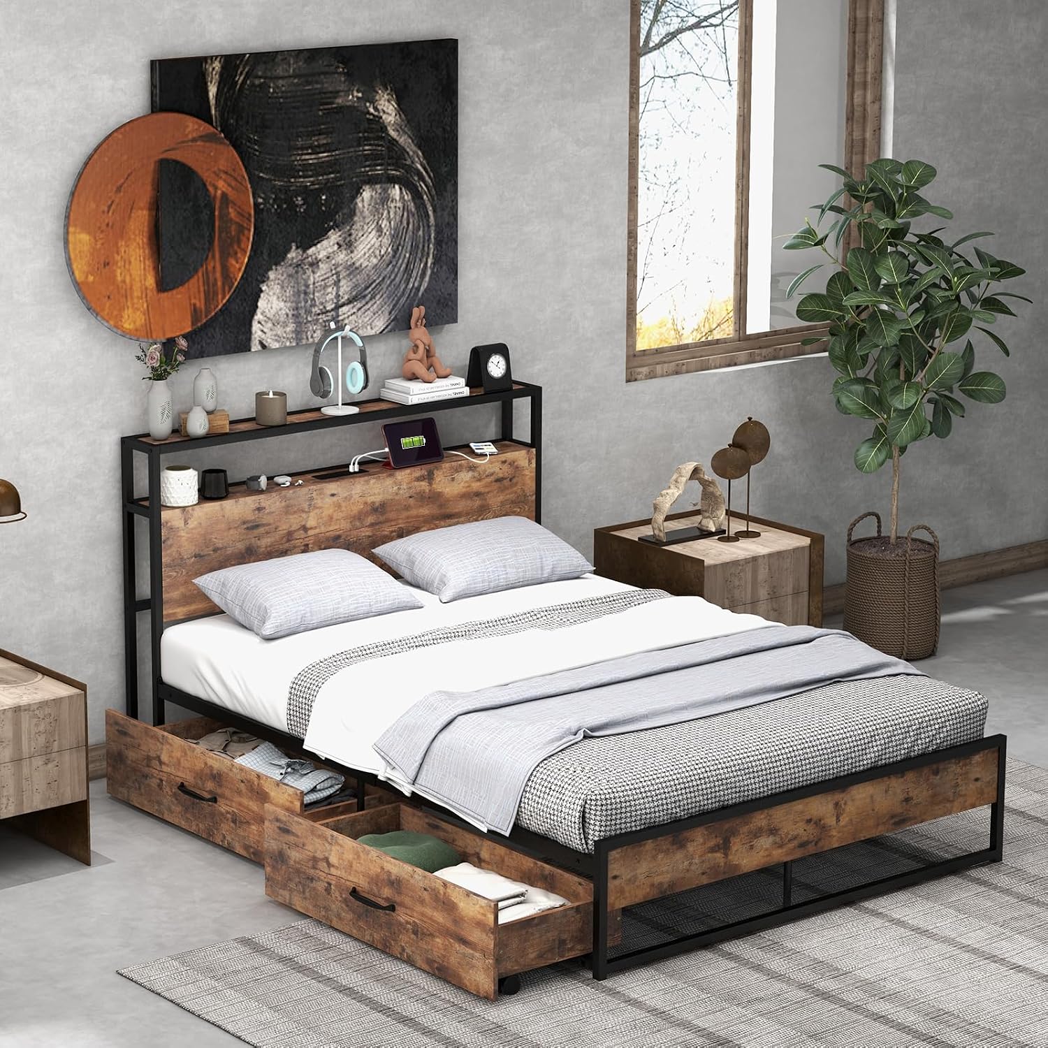Giantex Full Bed Frame with 2 Storage Drawers and Charging Station, Industrial Platform Bed Frame with 2-Tier Storage Headboard, Rustic Metal Slats Support Mattress Foundation, No Box Spring Needed