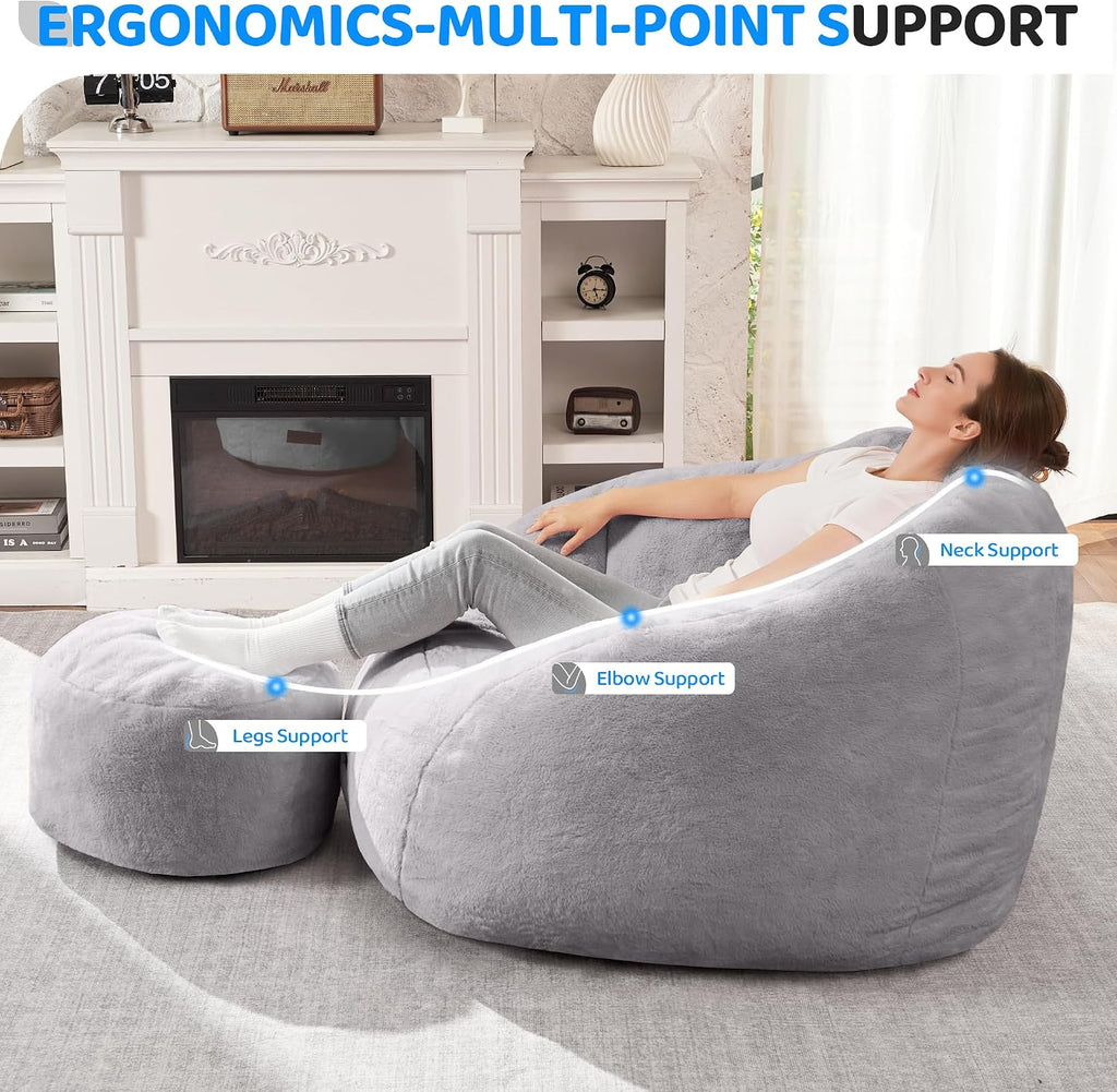 HABUTWAY Bean Bag Chair, Giant Bean Bag Chairs for Adults with Ottoman, Comfy Faux Fur Shell-Shaped Bean Bag Couch, Sofa Chair for Living Room, Bedroom, Grey