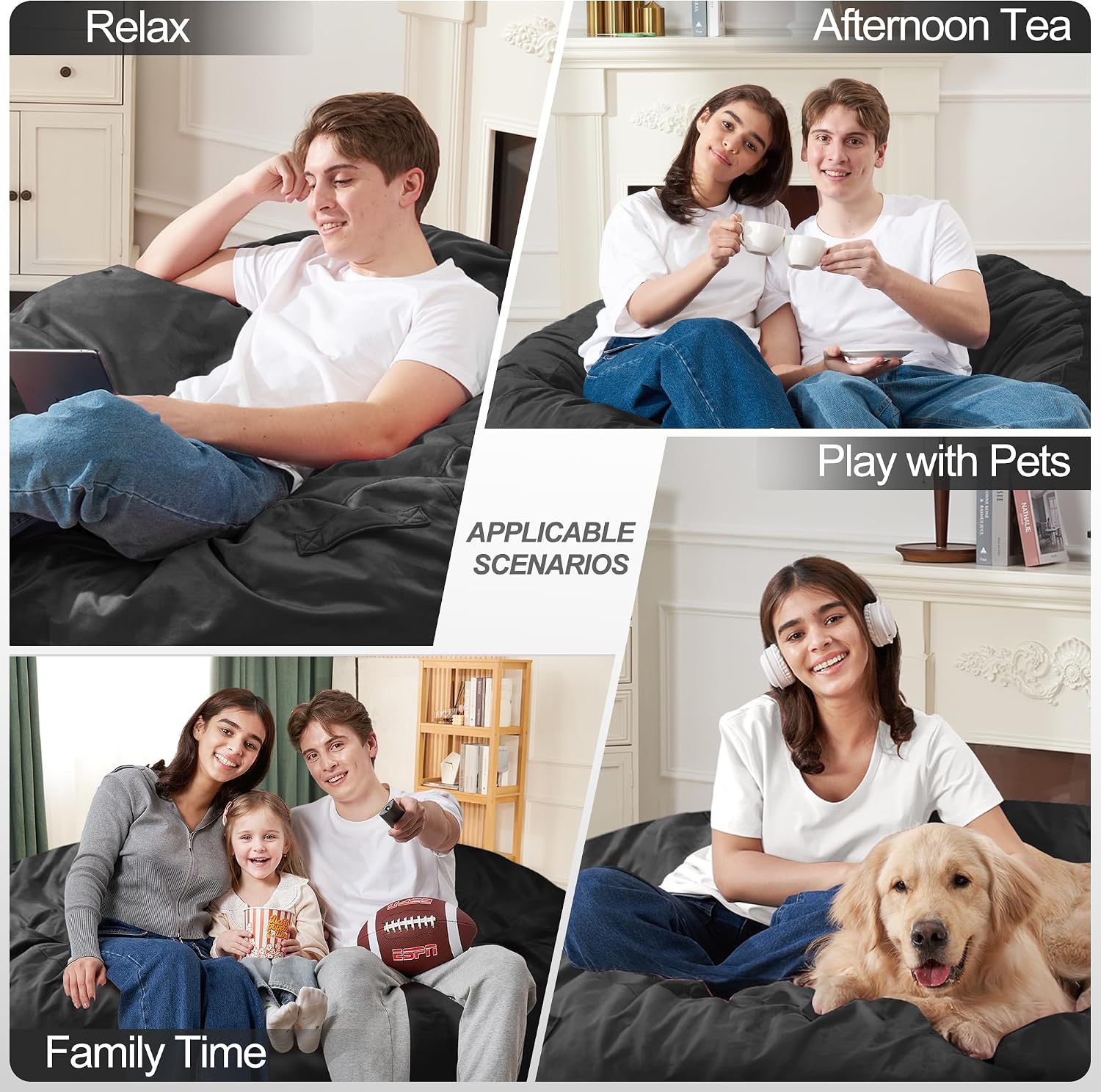 Homguava 6FT Bean Bag Chair Giant BeanBag with Memory Foam Filled, Large Bean Bag Chairs for Adults, Adult Bean Bag Chair with Dutch Velvet Cover for Living Room Bedroom-Black