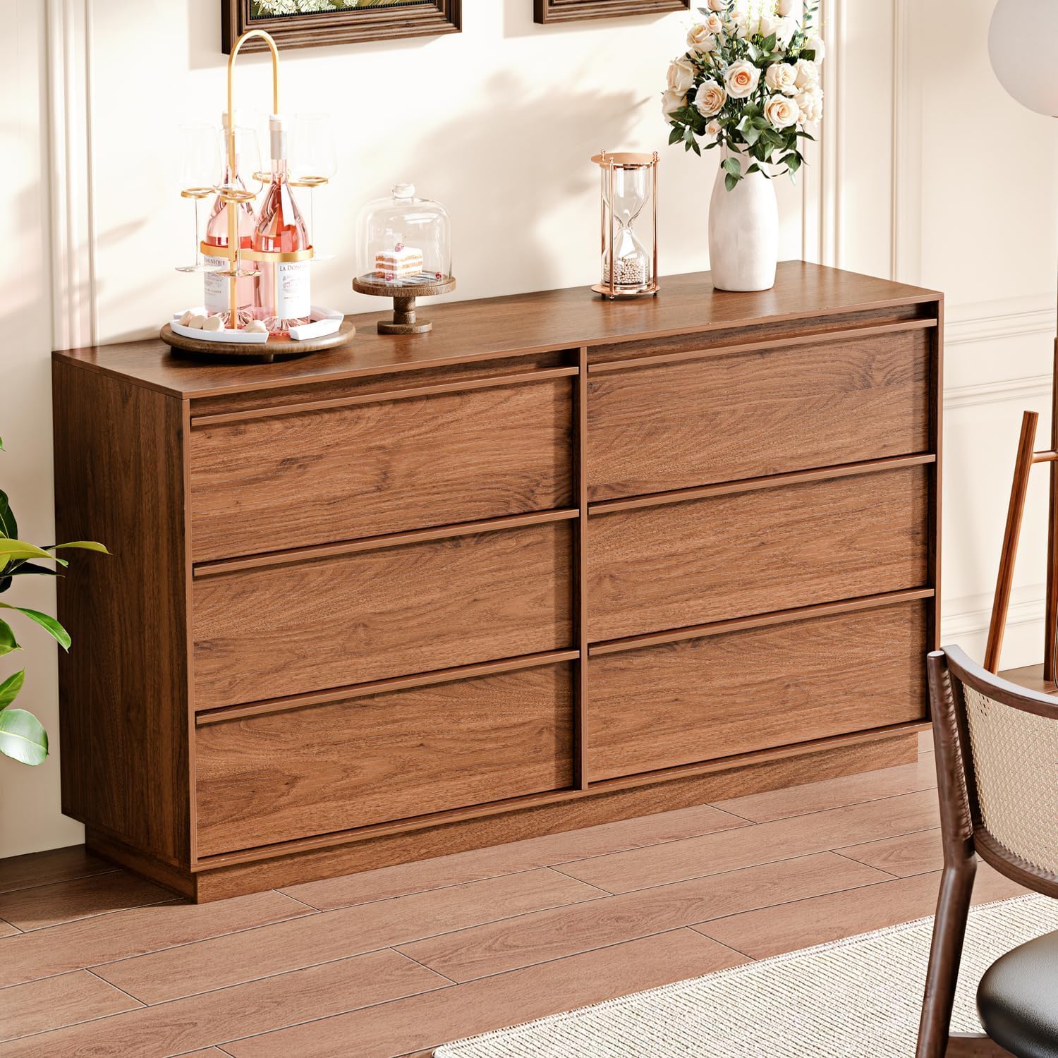 Ieejdn 55.12' Modern Chest of Drawer, 6 Deep Drawers,Clothes Organizer,Large Storage Cabinet for Living Room, Bedroom,Dresser TV Stand, Wood Drawer Organizer for Living Room, Hallway, Brown
