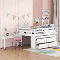 JIVOIT Full Size Low Loft Bed with Retractable Writing Desk, Storage Bed with 4 Drawers and Shelves, Wooden Loft Bed with Lateral Portable Desk for Kids Teens Adults Bedroom (White,Full,9)