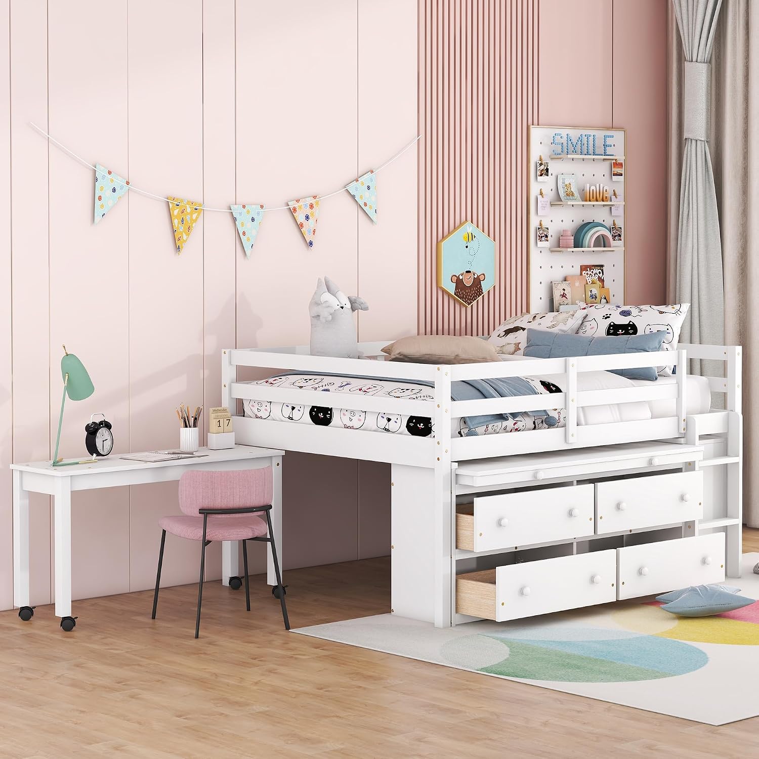 JIVOIT Full Size Low Loft Bed with Retractable Writing Desk, Storage Bed with 4 Drawers and Shelves, Wooden Loft Bed with Lateral Portable Desk for Kids Teens Adults Bedroom (White,Full,9)
