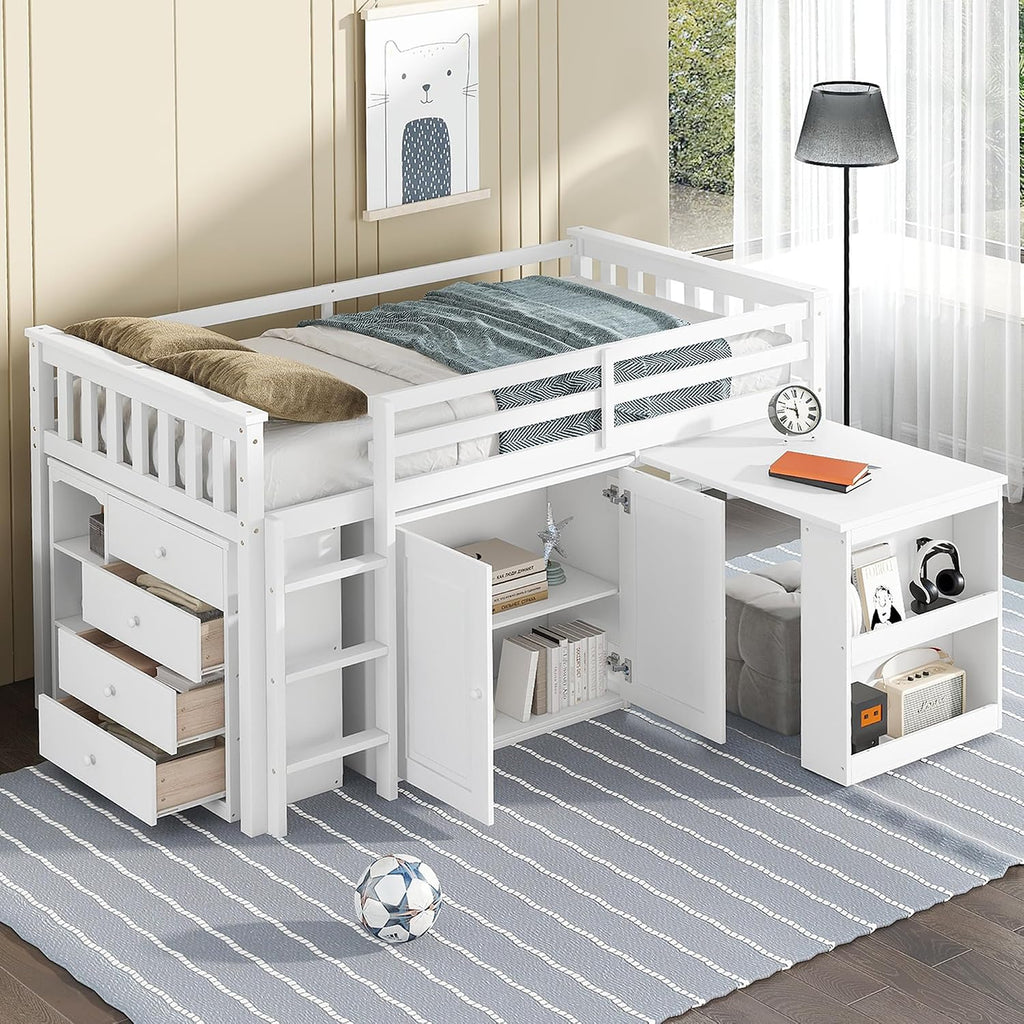 JIVOIT Twin Size Low Loft Bed, Multifunctional Loft Bed with Pulling-Out Desk, Storage Cabinet, Drawer and Shelf Cabinet, Rubber Wood Loft Bed with Safety Guardrail, Ladder, Easy Assembly (White/262)