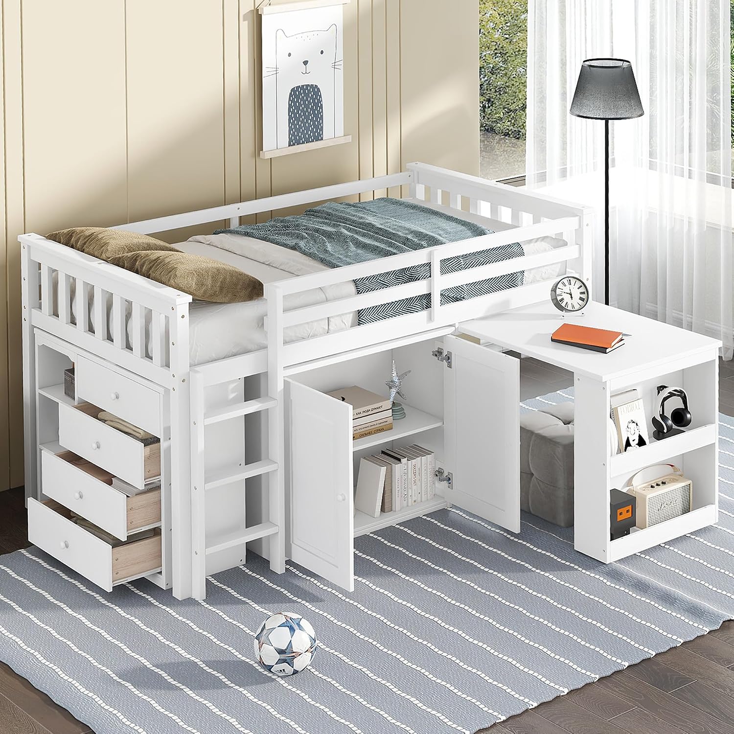 JIVOIT Twin Size Low Loft Bed, Multifunctional Loft Bed with Pulling-Out Desk, Storage Cabinet, Drawer and Shelf Cabinet, Rubber Wood Loft Bed with Safety Guardrail, Ladder, Easy Assembly (White/262)