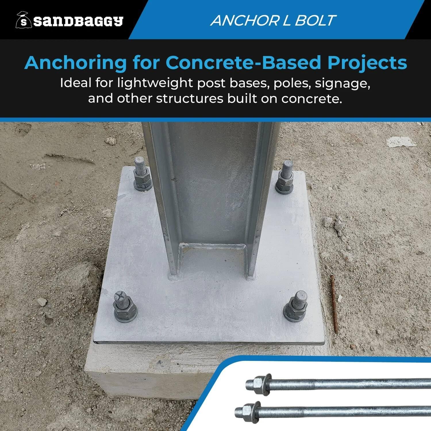 Sandbaggy 1/2' X 12' Threaded Concrete Anchor L-Bolts (Nuts & Washers Included) - Hot Dipped Galvanized - Sill Plate, Base Plate, Masonry, Wood, Cement Anchors, J Bolt (100, 1/2' x 12')