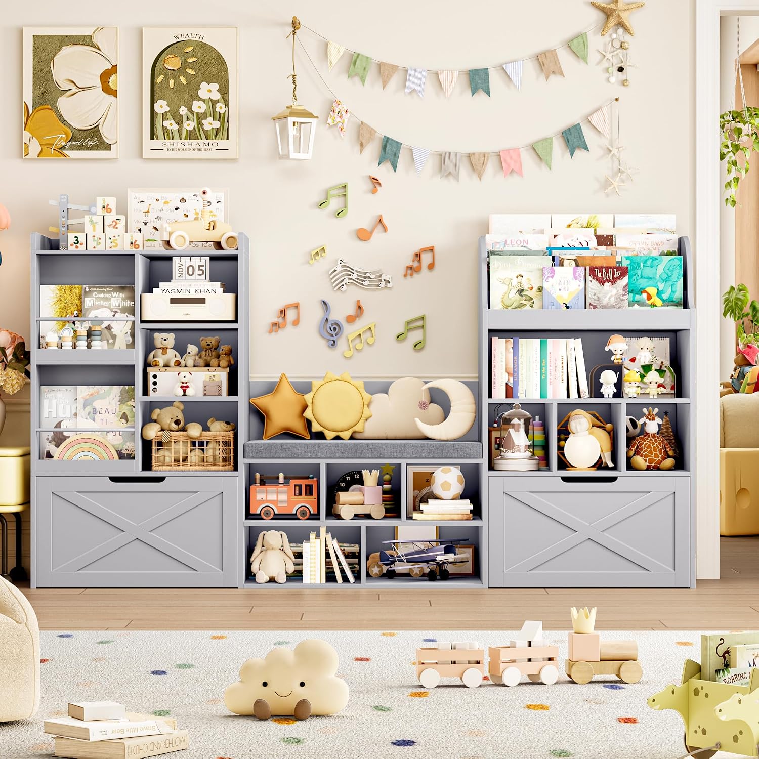 FINETONES 75' W Kids Bookshelf with Reading Nook, Large Toy Storage Toy Organizer with Seat Cushion and 2 Movable Drawers, Kids Reading Nook Kid Bench for Playroom Living Room, Grey
