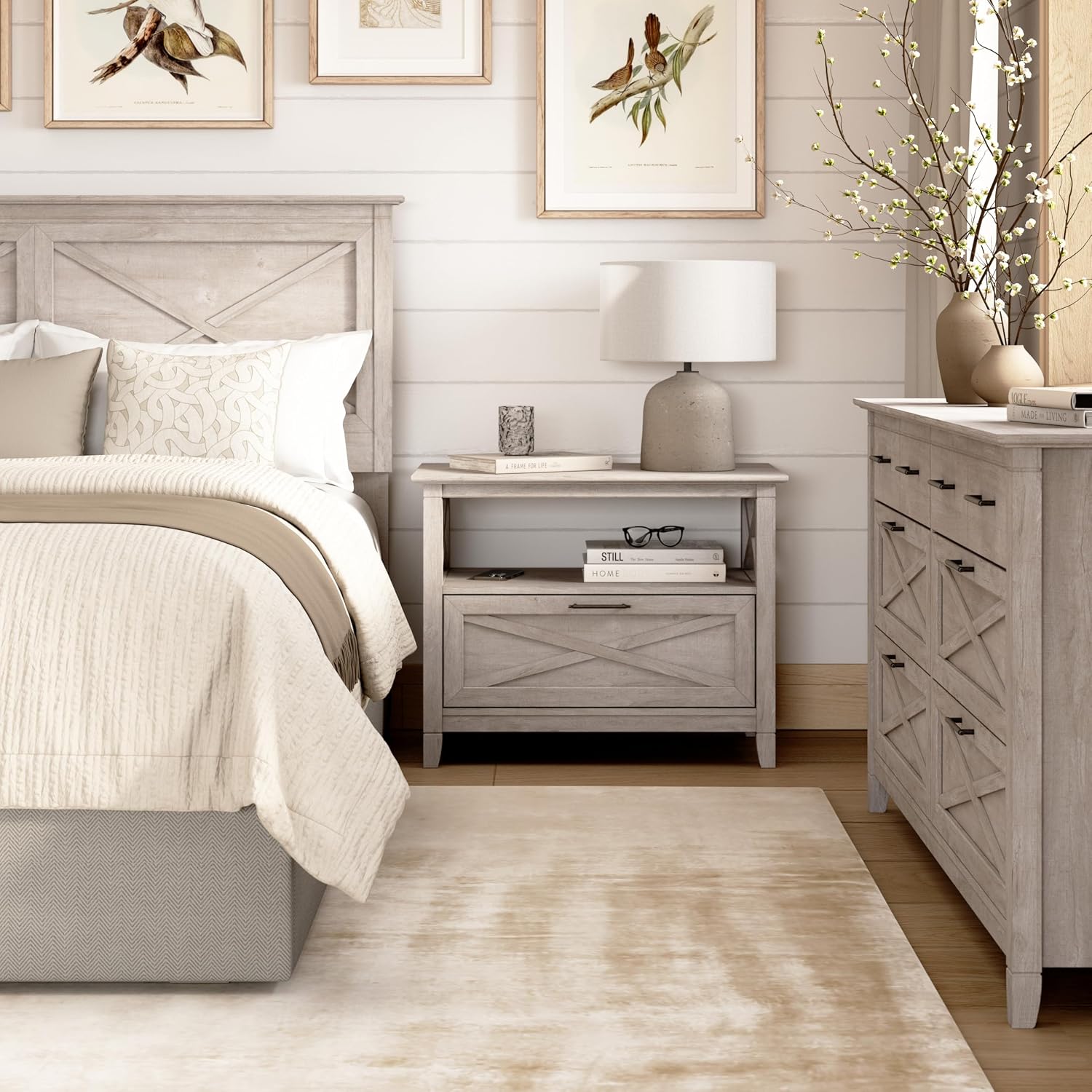 Bush Home 32-Inch Nightstand with Drawer, Farmhouse X Design Bedside Table for Bedroom and Living Room Storage and Organization, Small End Table Furniture, Key West Collection, Washed Gray