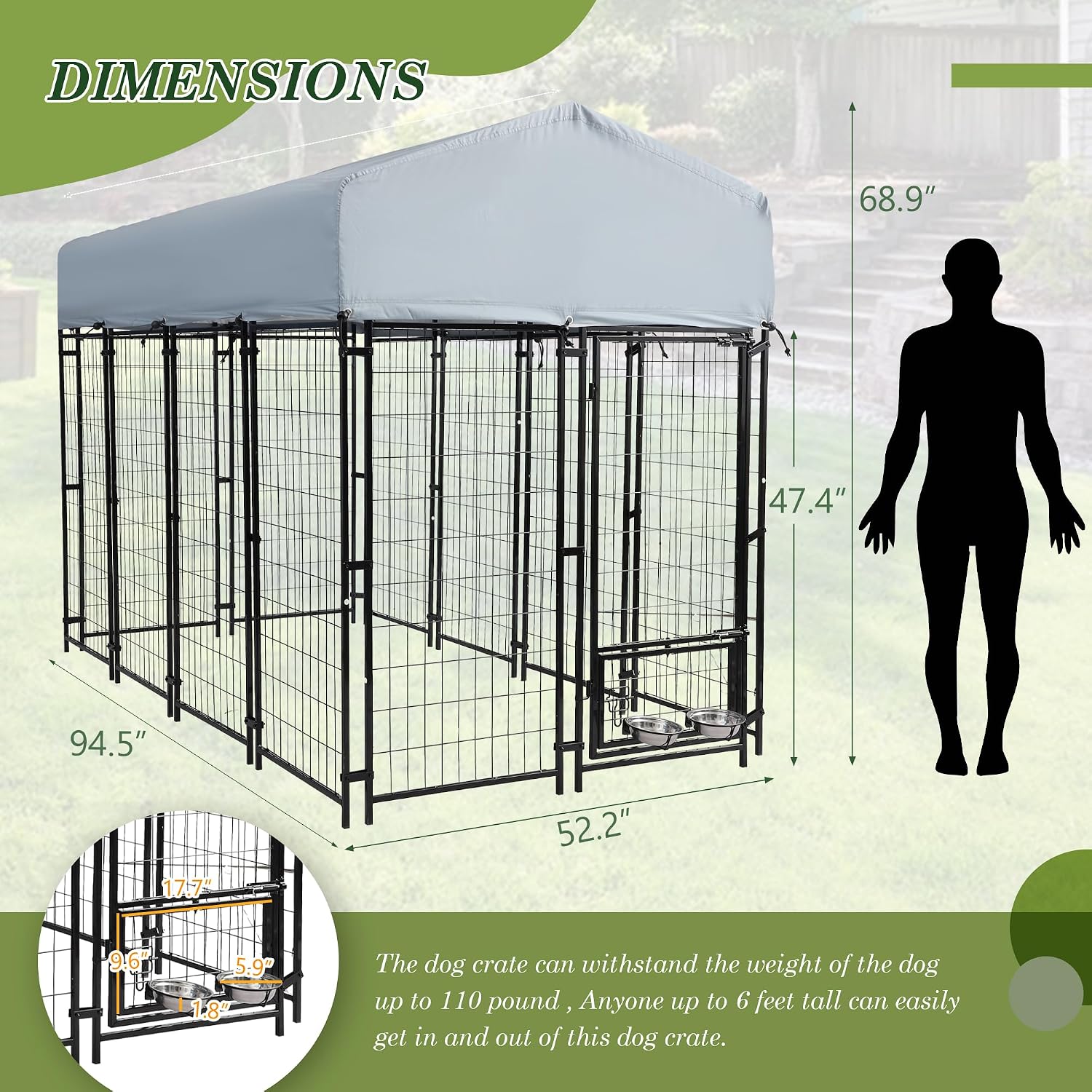 Grepatio Outside Dog Kennel for Large Dogs, 8x4x5.7 FT Outdoor Dog Kennels with Waterproof, Heavy Duty Dog Enclosure with 2 Rotating Dogs Bowls, Dog Run Playpen Fence with Secure Lock
