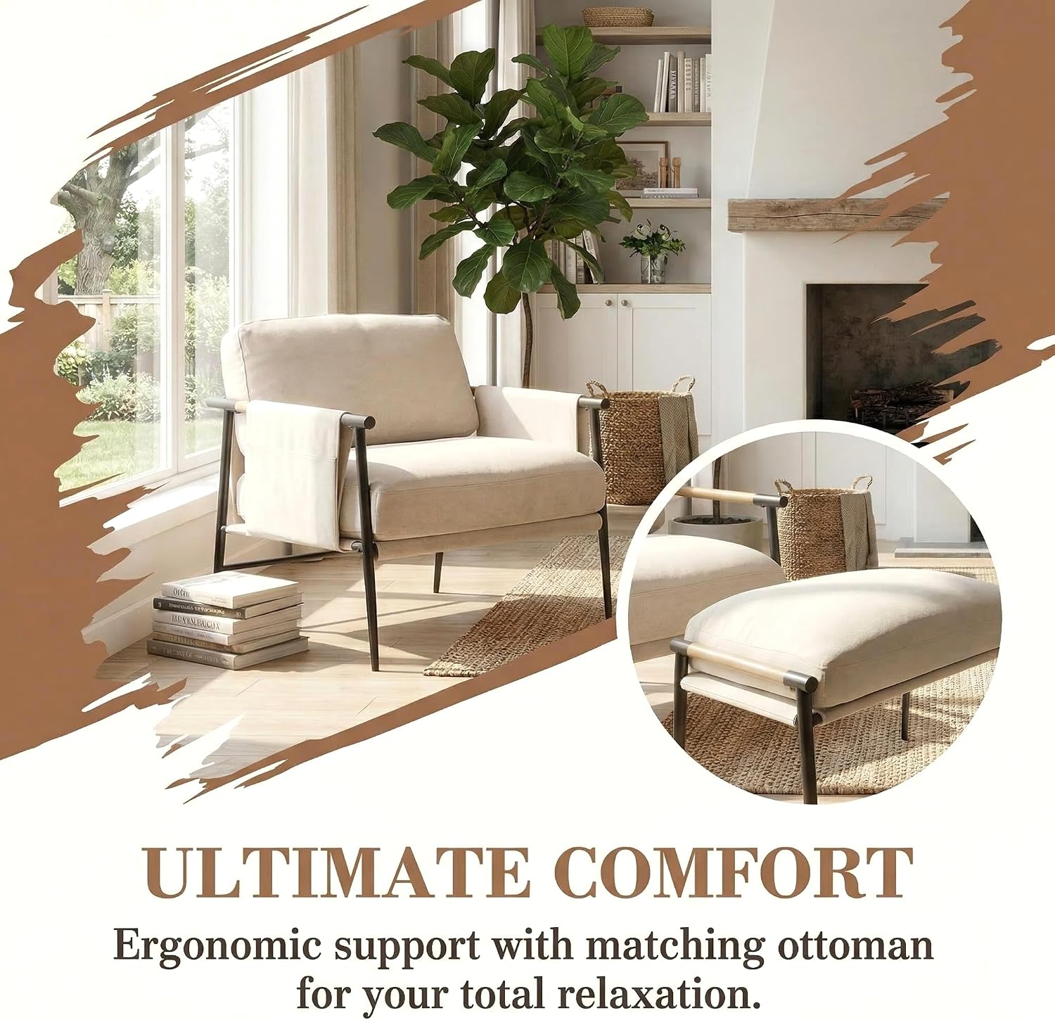 DUOMAY Mid Century Modern Accent Chair with Ottoman Set, Chenille Beige Upholstered Living Room Chair with Metal Legs Lazy Lounge Chair Set with Footrest for Bedroom Living Room