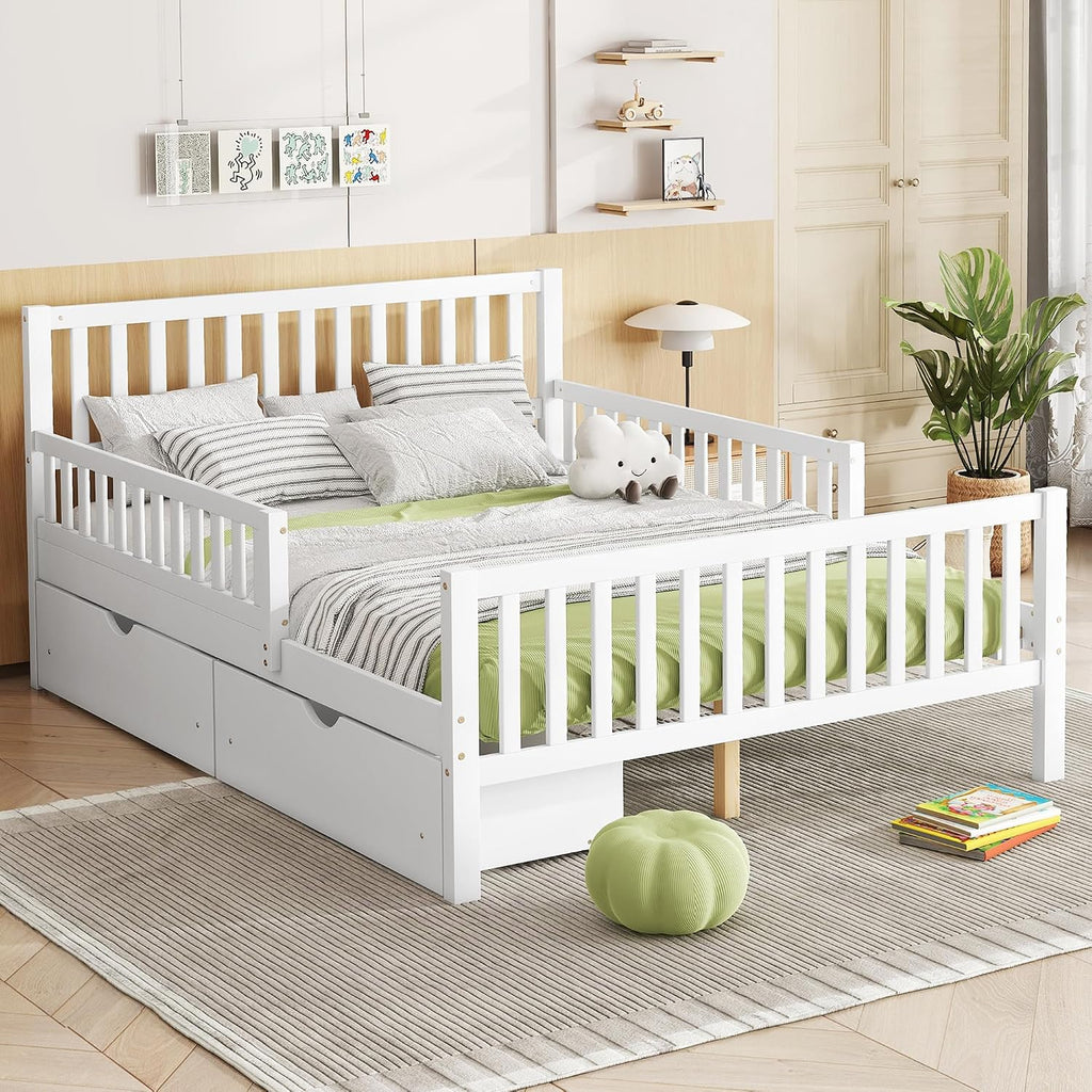 Kids Full Size Bed Frame with Storage Drawers, Wood Full Bed Frames for Kids, Full Bed Frame with Headboard and Footboard for Boys Girls, No Box Spring Needed,White