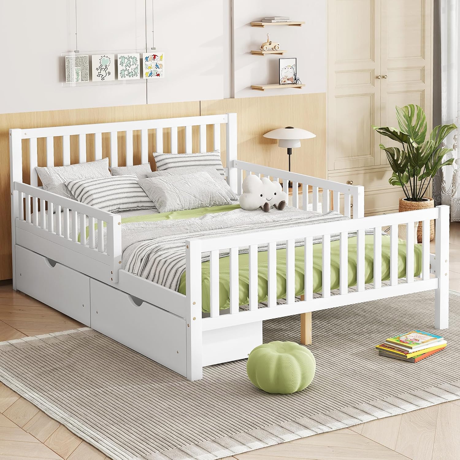 Kids Full Size Bed Frame with Storage Drawers, Wood Full Bed Frames for Kids, Full Bed Frame with Headboard and Footboard for Boys Girls, No Box Spring Needed,White