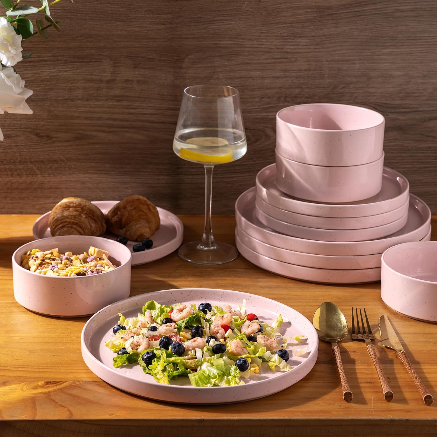 AmorArc Ceramic Dinnerware Set for 8 | Speckled Stoneware Plates and Bowls with Rustic Terracotta Underside| Scratch Resistant,Dishwasher & Microwave Safe Dishes Sets- 24pcs Pink