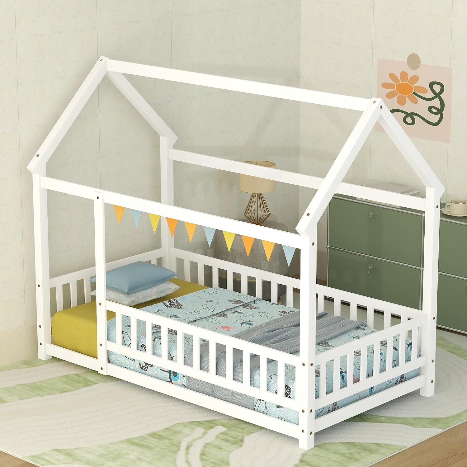 Bellemave Twin Size House Floor Bed,Wooden Montessori Bed with Fence and Roof for Kids,Twin Bed Frame for Boys,Girls(Twin,White)